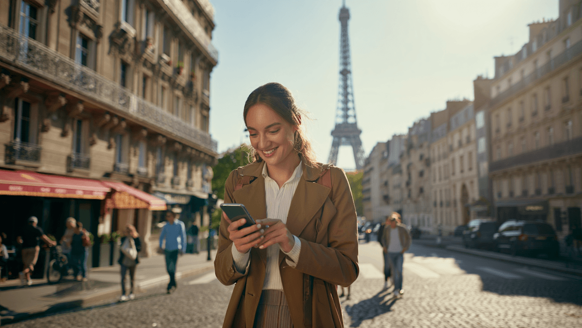 Woman using phone in Paris